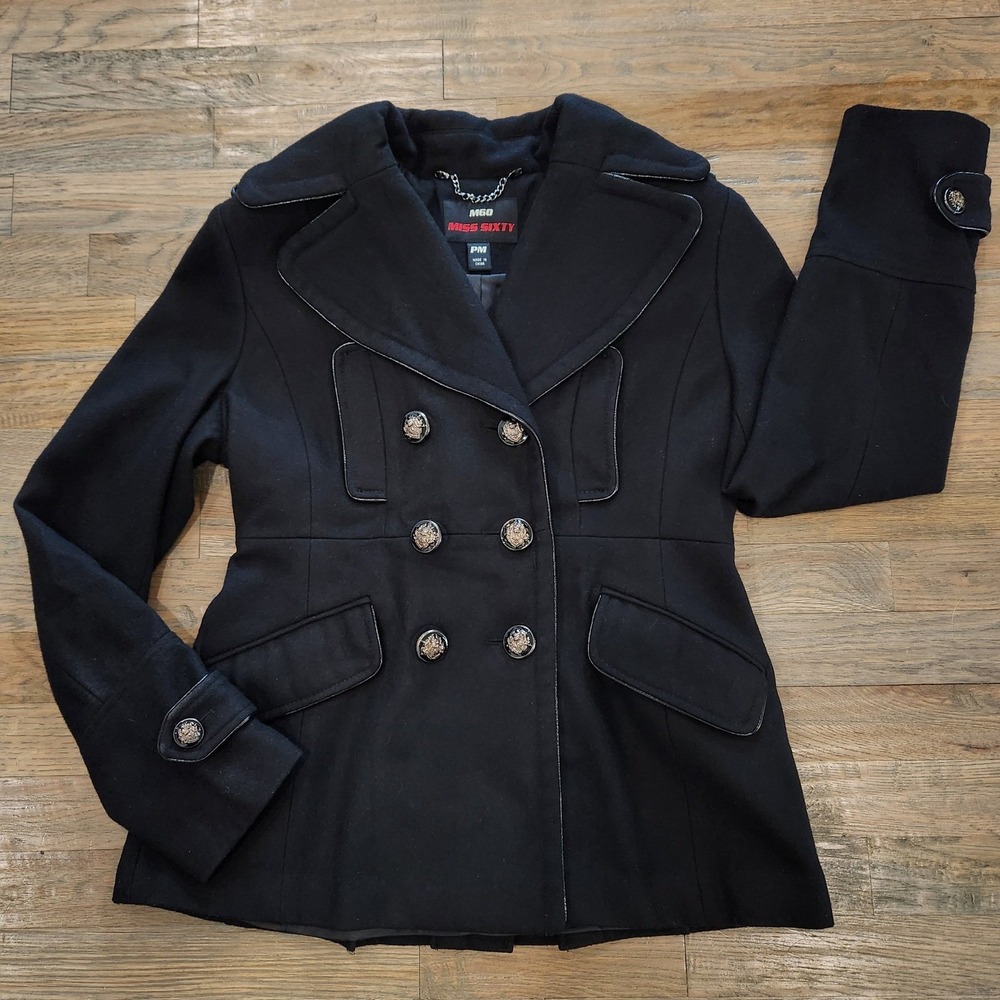 Vintage Y2k M60 Miss Sixty Women Petite Medium Black Wool Pea Coat Midieval Goth